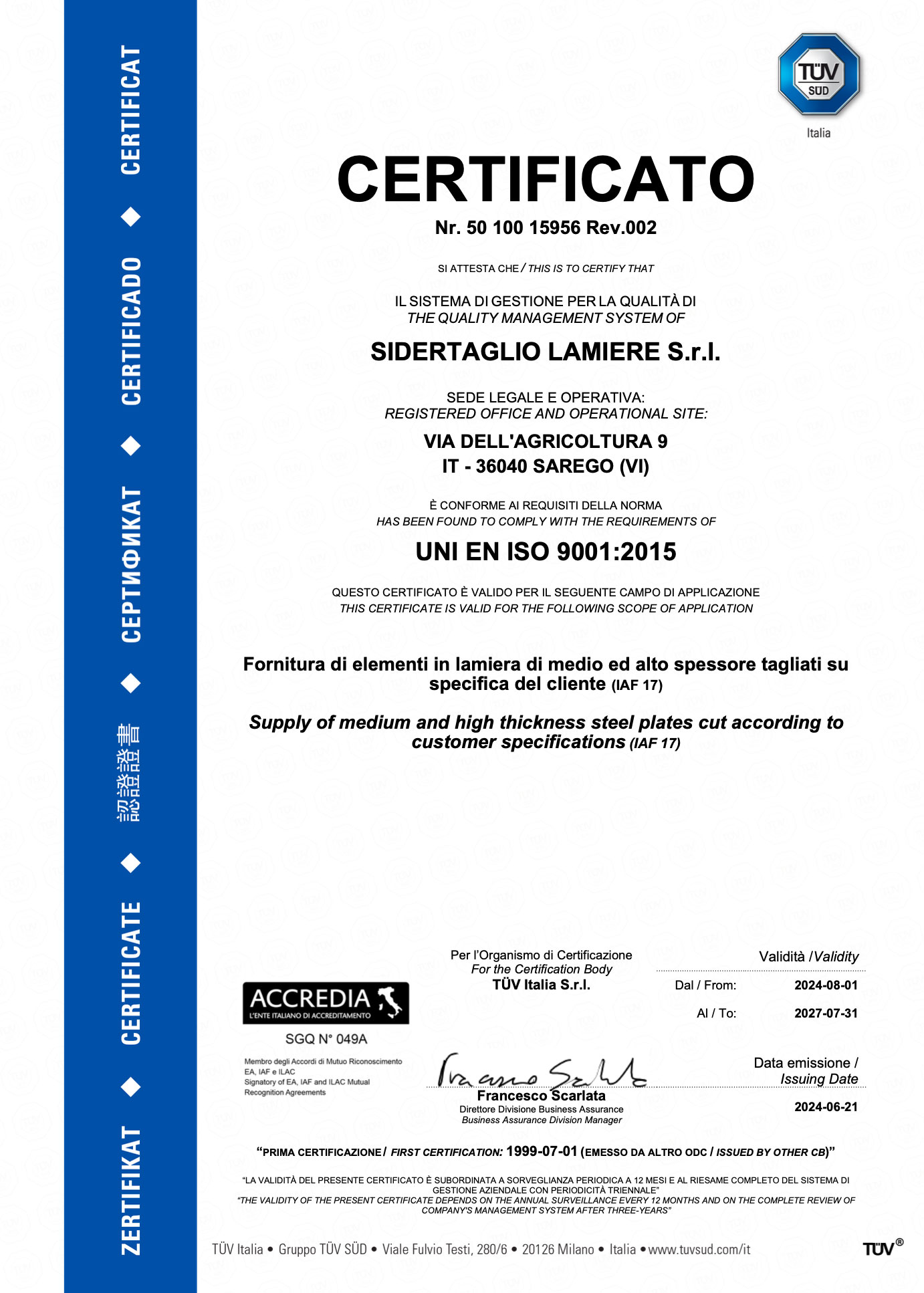 UNI EN ISO 9001 certifications